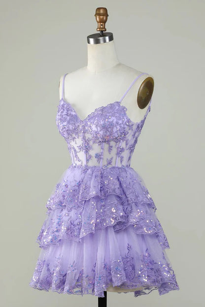 Lilac Spaghetti Straps Lace Mini Homecoming Birthday Dress, AST1034