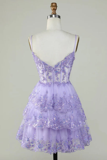 Lilac Spaghetti Straps Lace Mini Homecoming Birthday Dress, AST1034