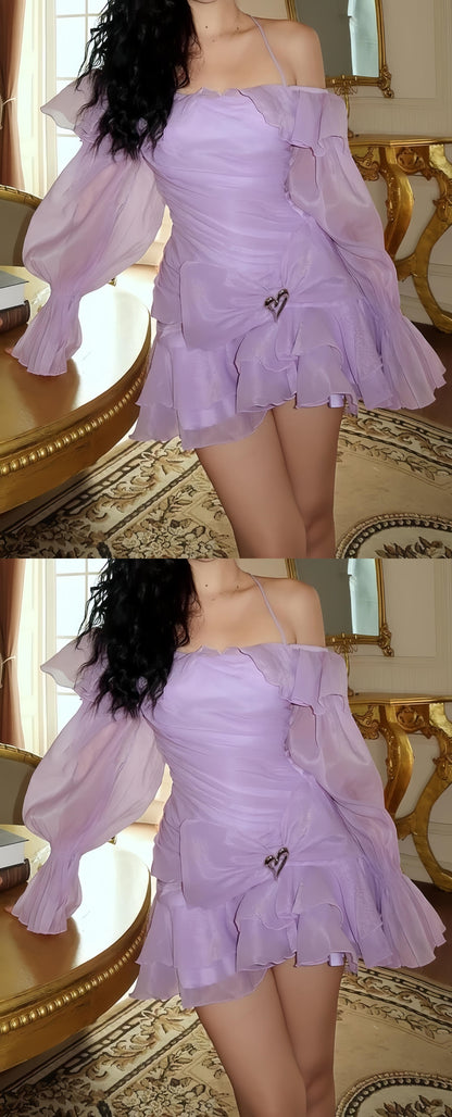 Lilac Organza A-line Homecoming Dresses Long Sleeves Mini Party Dress, AST1985