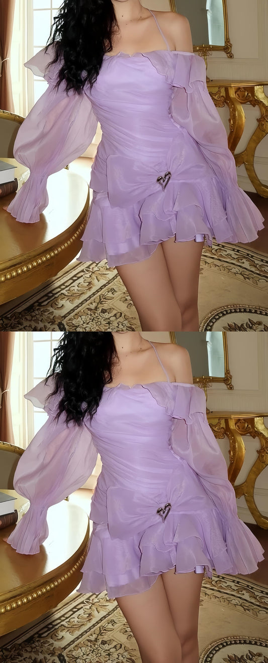 Lilac Organza A-line Homecoming Dresses Long Sleeves Mini Party Dress, AST1985