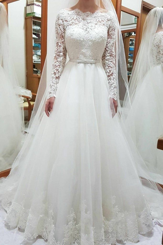 Long Sleeves White Tulle Lace Wedding Dresses, AST973