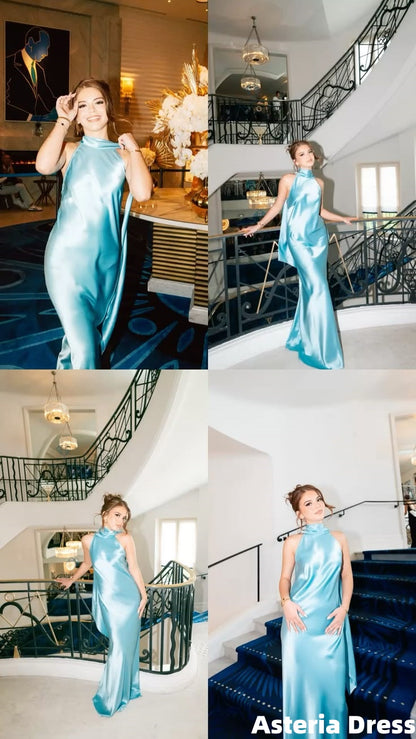 Lovely Light Blue Halter Open Back Satin Long Party Prom Dresses