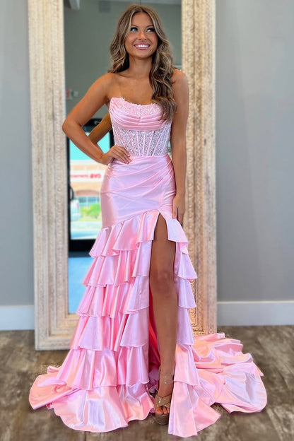 Chic Mermaid Prom Dress in Light Blue with Strapless Satin Bodice and Ruffled Skirt