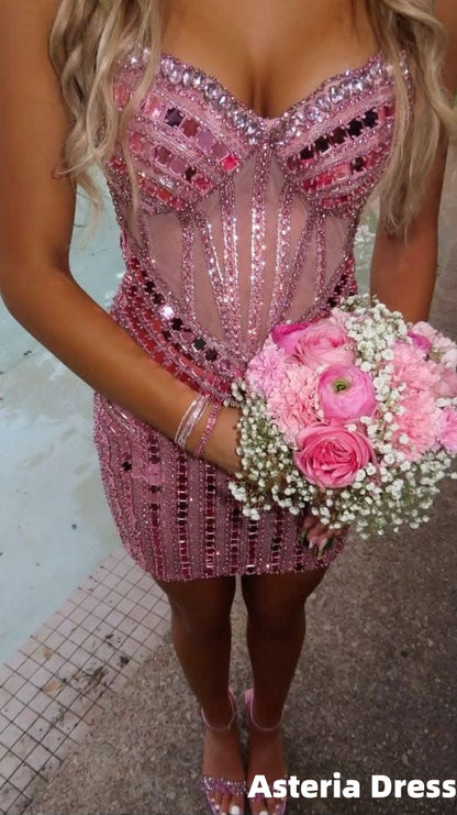 Luxurious Bodycon Sweetheart Pink Corset Homecoming Dress with Beading