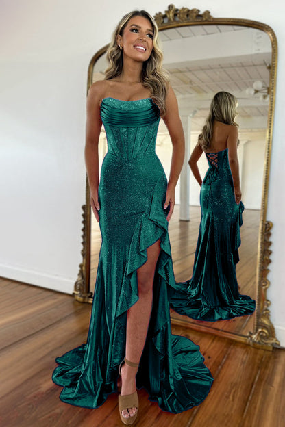 Light Blue Strapless Mermaid Prom Dress with Lace Up Back Beaded Details and Leg Slit