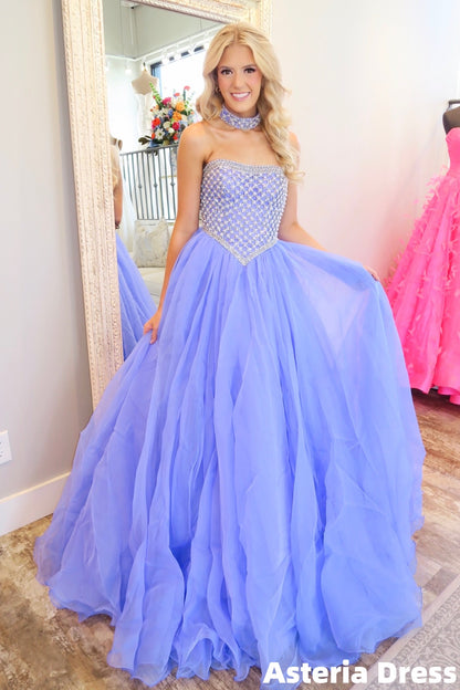 Luxury Beaded A-Line Organza Lilac Evening Prom Dress