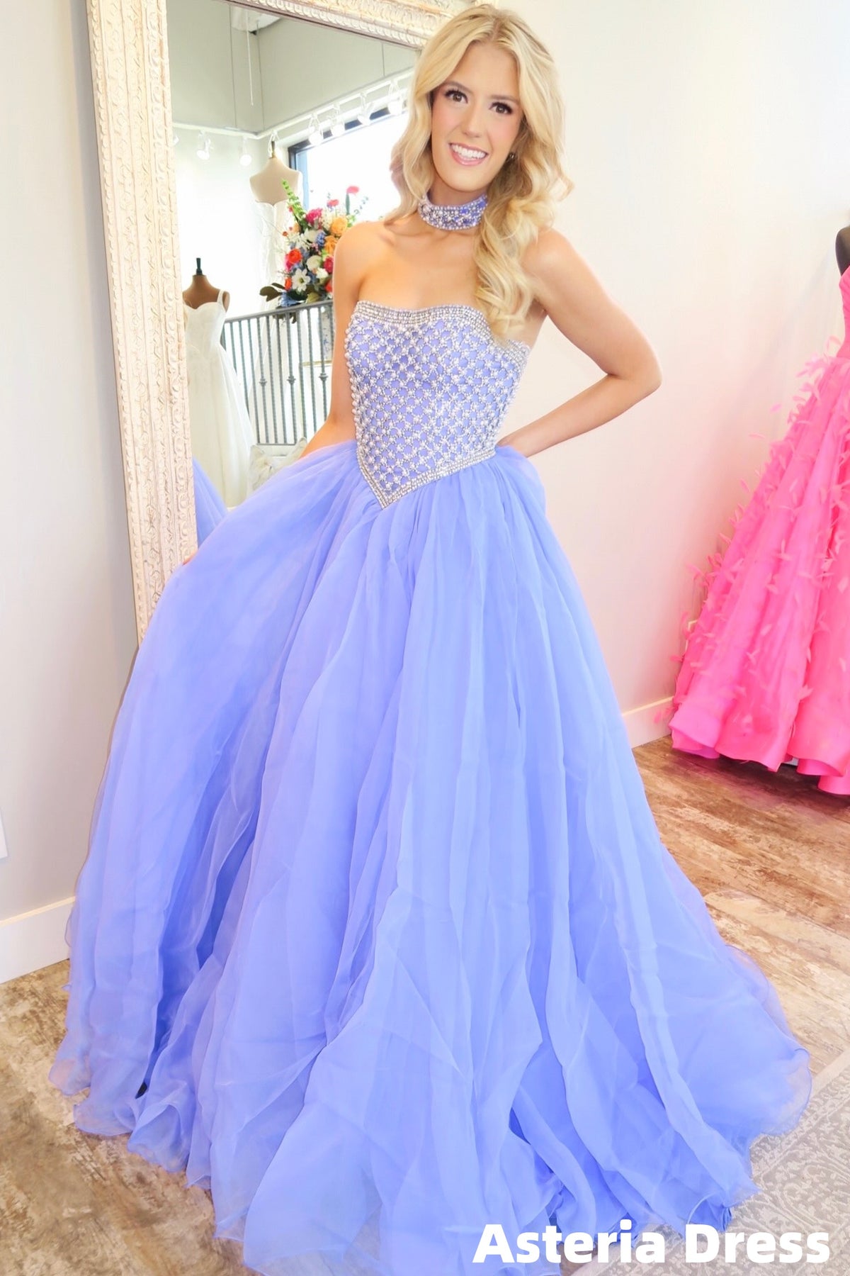 Luxury Beaded A-Line Organza Lilac Evening Prom Dress