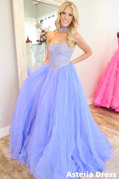 Luxury Beaded A-Line Organza Lilac Evening Prom Dress