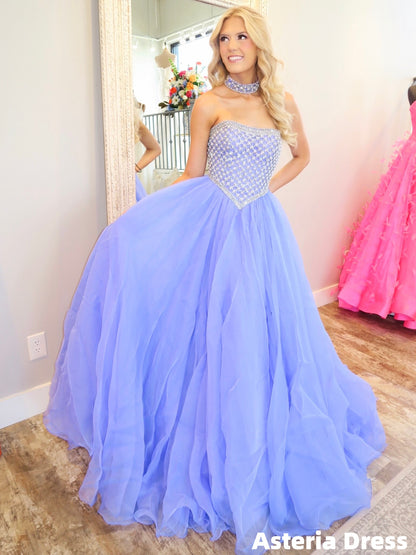 Luxury Beaded A-Line Organza Lilac Evening Prom Dress