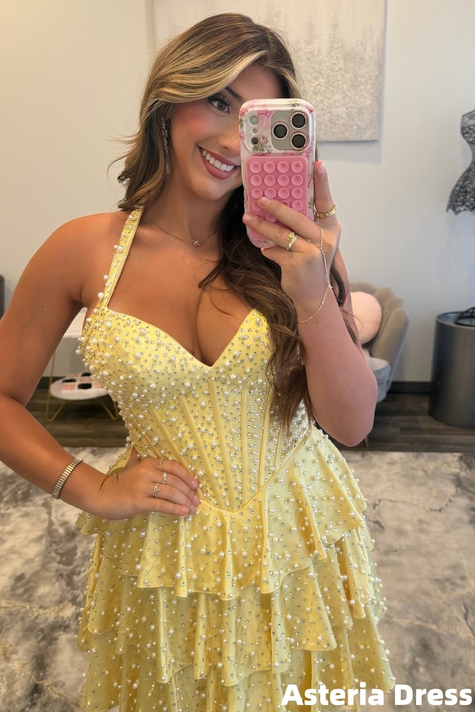 Luxury Beaded Halter Yellow Ruffles Homecoming Dresses