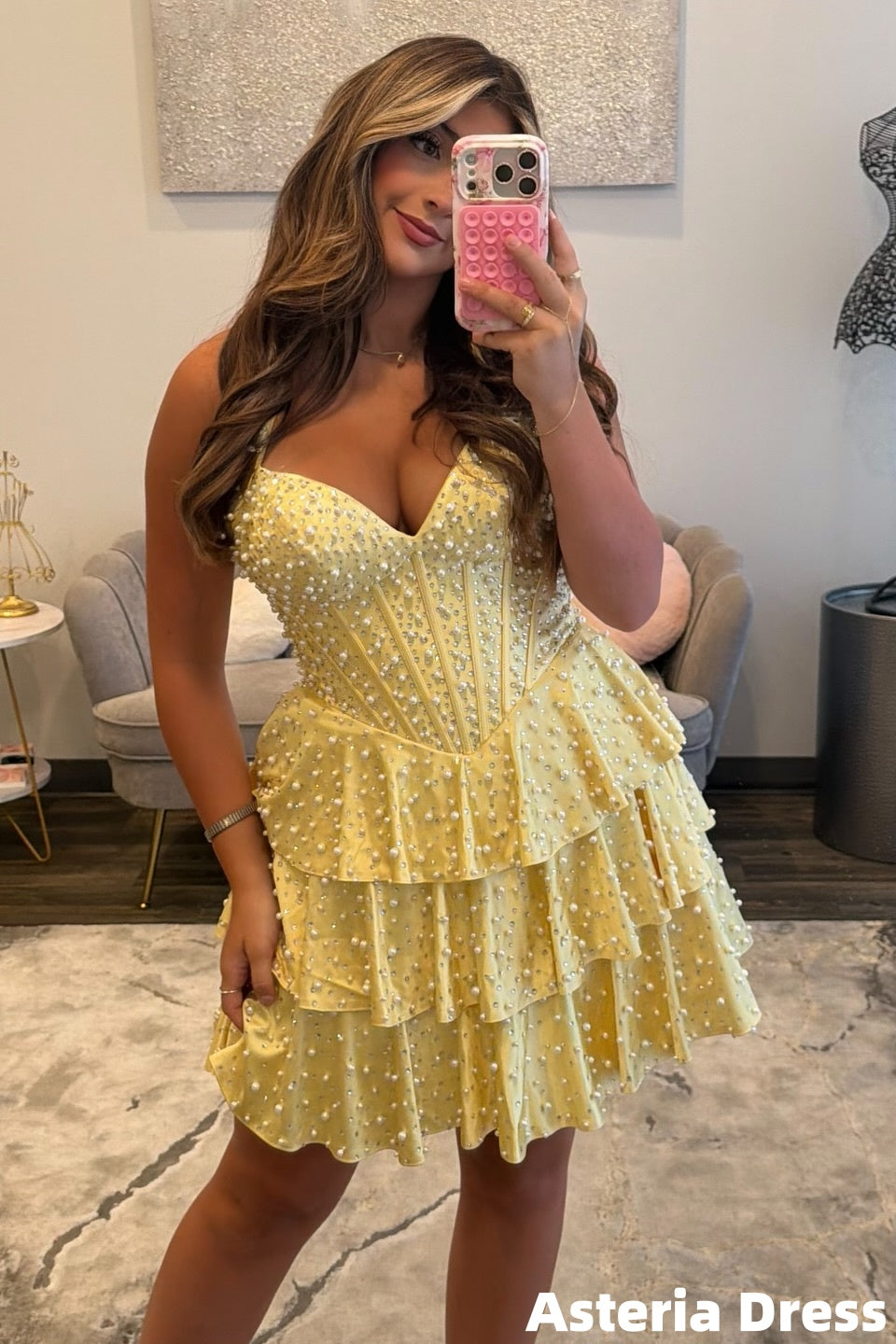 Luxury Beaded Halter Yellow Ruffles Homecoming Dresses