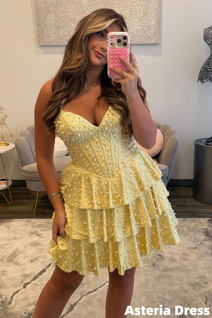 Luxury Beaded Halter Yellow Ruffles Homecoming Dresses