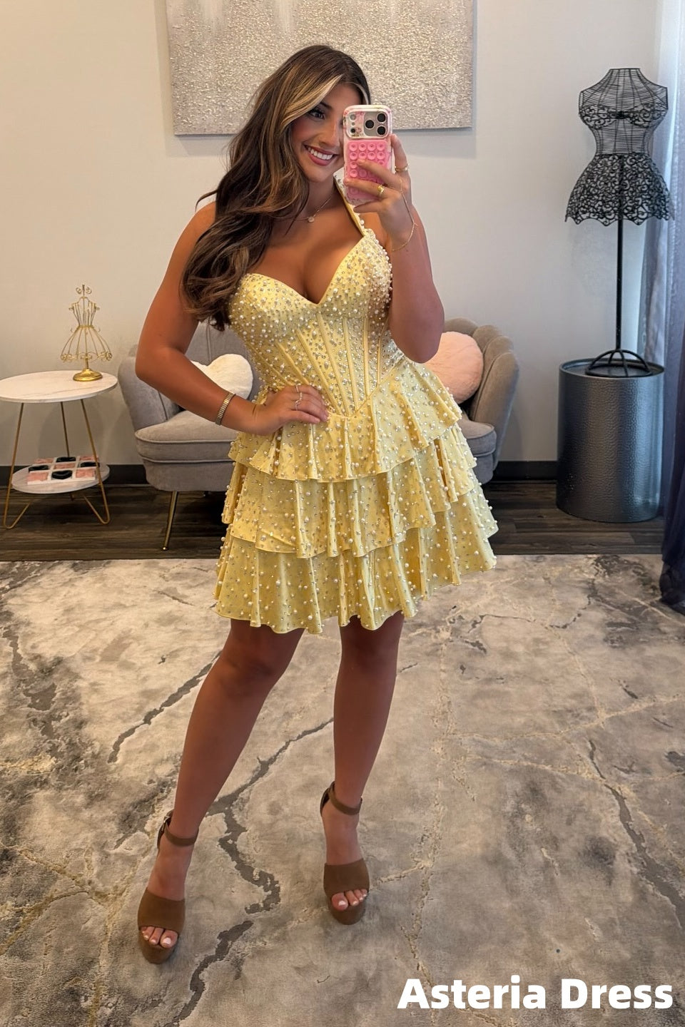 Luxury Beaded Halter Yellow Ruffles Homecoming Dresses