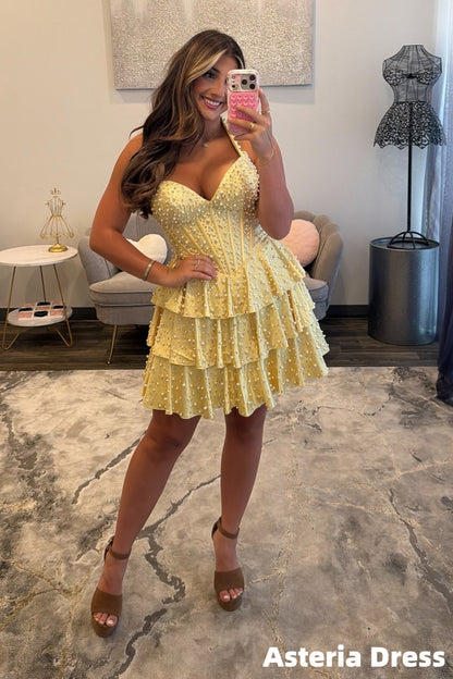 Luxury Beaded Halter Yellow Ruffles Homecoming Dresses