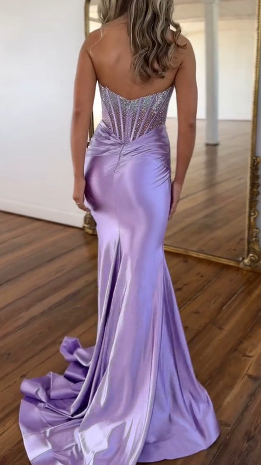 Luxury Beaded Lilac Purple Strapless Mermaid Evening Prom Dresses,AST2143