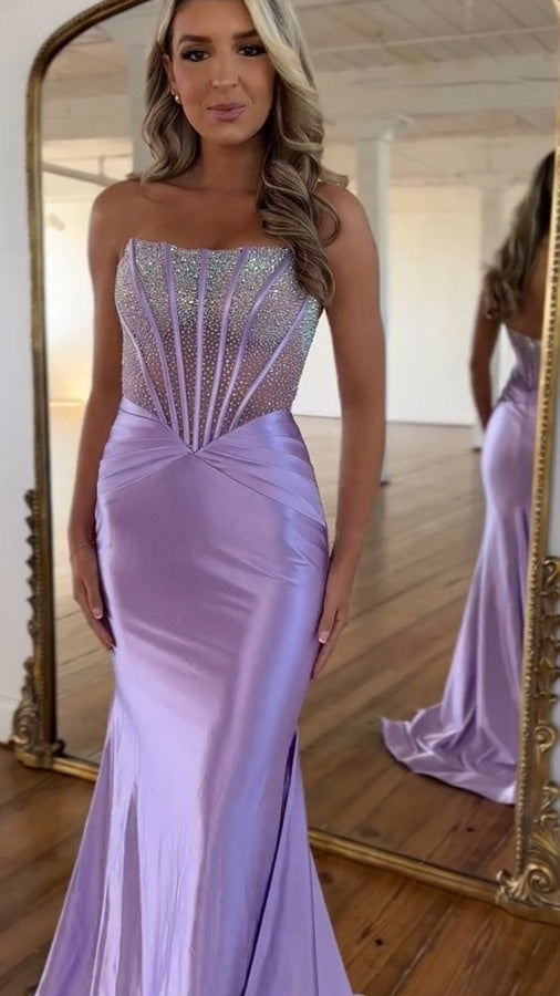 Luxury Beaded Lilac Purple Strapless Mermaid Evening Prom Dresses,AST2143