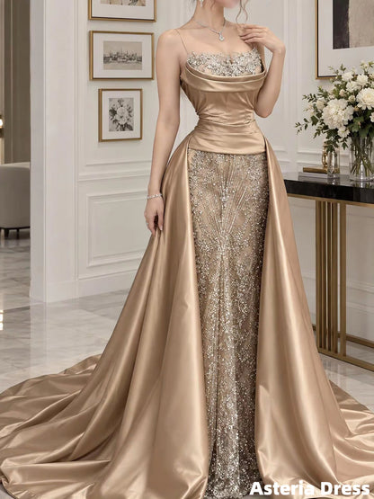 Luxury Beaded Sheath Gold Satin Prom Dresses