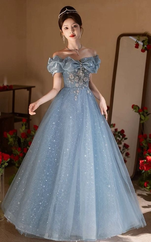 Luxury Blue A-Line Prom Dresses Off The Shoulder Appliques Evening Party Dress,AST2141