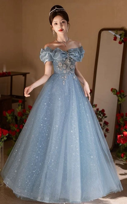 Luxury Blue A-Line Prom Dresses Off The Shoulder Appliques Evening Party Dress,AST2141