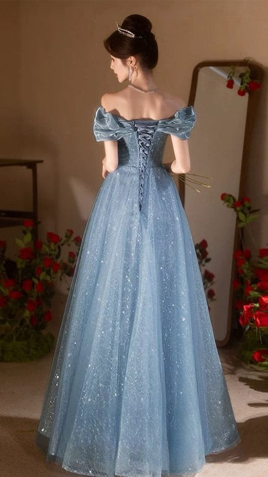 Luxury Blue A-Line Prom Dresses Off The Shoulder Appliques Evening Party Dress,AST2141