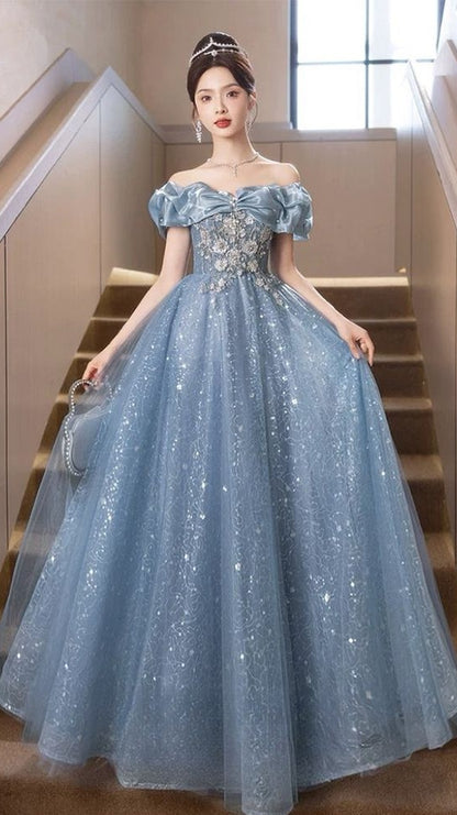Luxury Blue A-Line Prom Dresses Off The Shoulder Appliques Evening Party Dress,AST2141