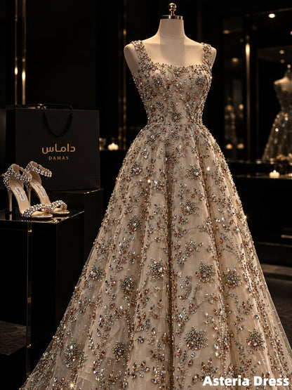 Luxury Champagne Beaded A-Line Prom Dresses, Long Formal Party Dress