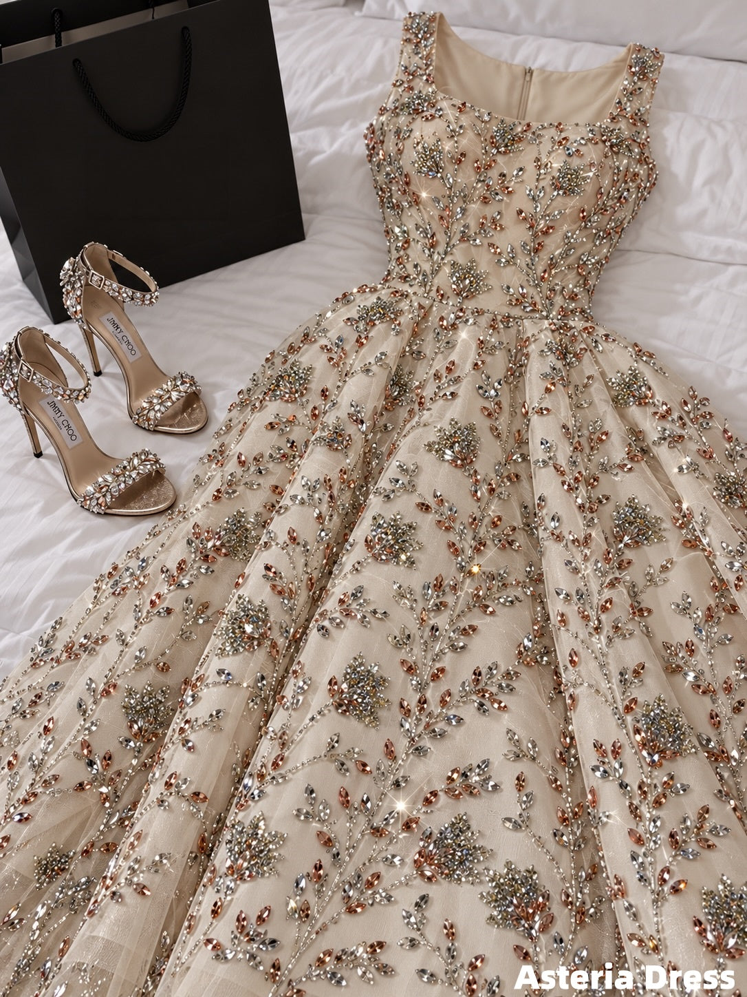 Luxury Champagne Beaded A-Line Prom Dresses, Long Formal Party Dress