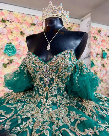 Luxury Dark Green Beaded Tulle Prom Evening Dresses, Quinceanera Dress, Sweet 16 Dress,AST2116
