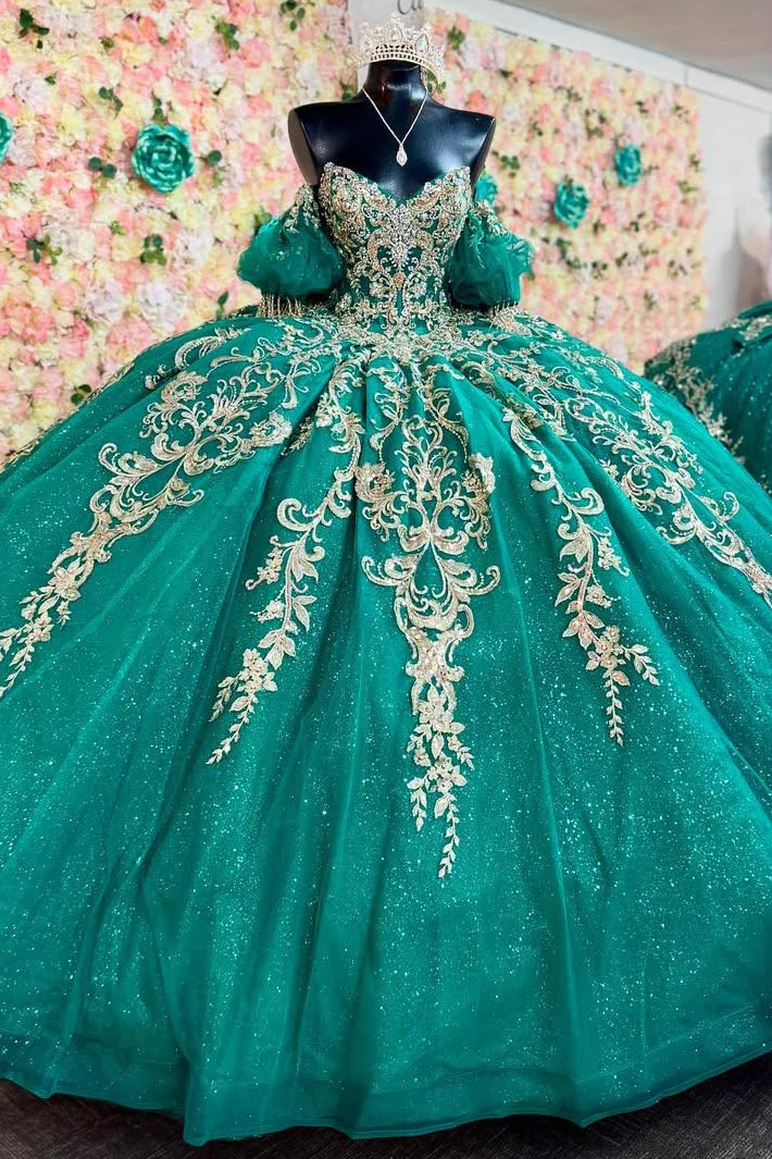 Luxury Dark Green Beaded Tulle Prom Evening Dresses, Quinceanera Dress, Sweet 16 Dress,AST2116