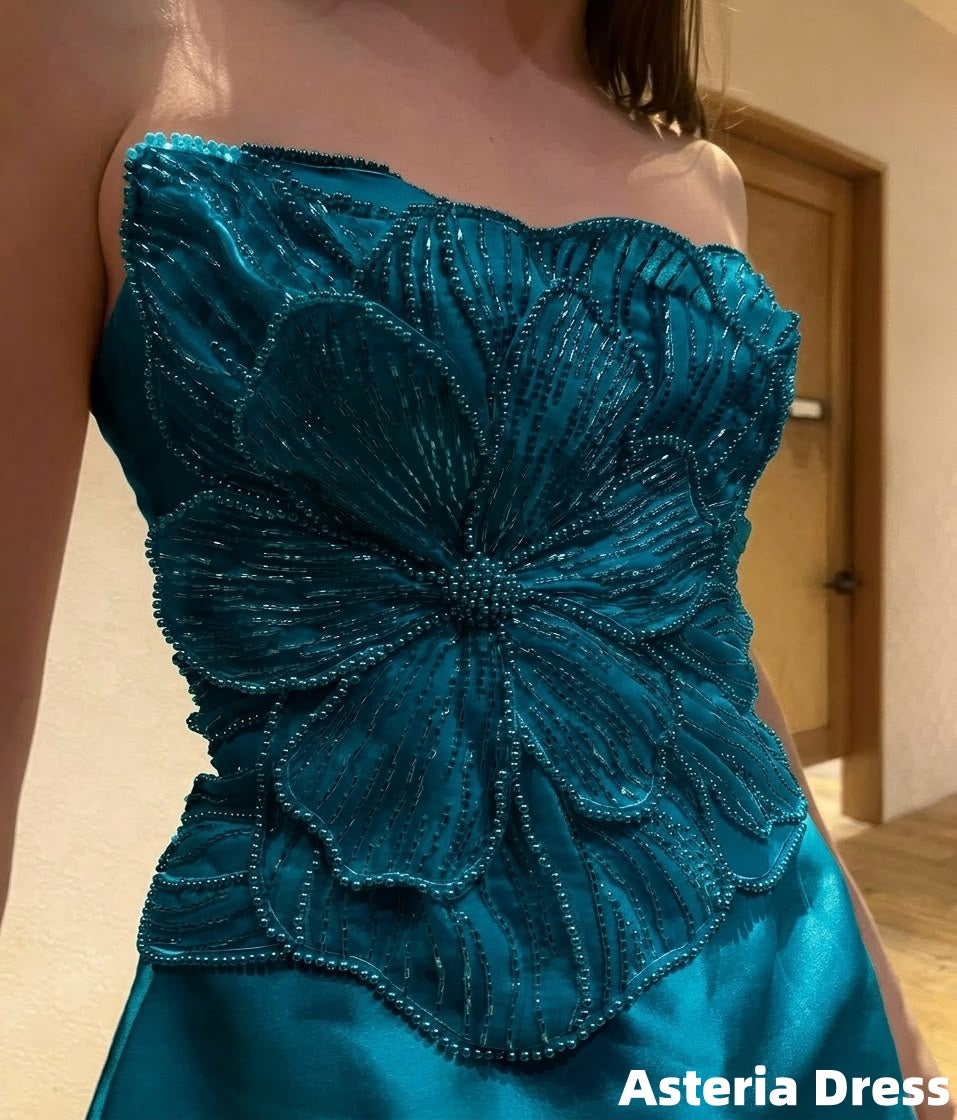 Luxury Floral Beaded Strapless Full Length Party Dress