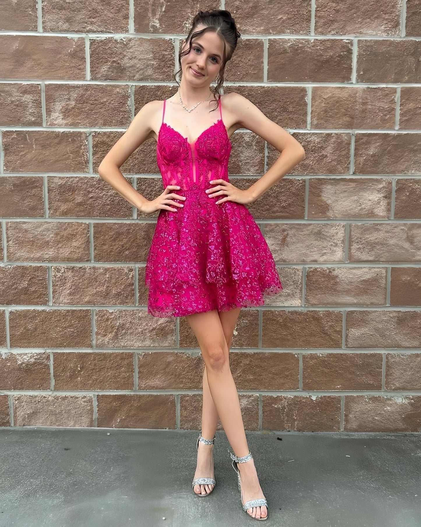 Luxury Fuchsia Lace Homecoming Dresses, AST1401