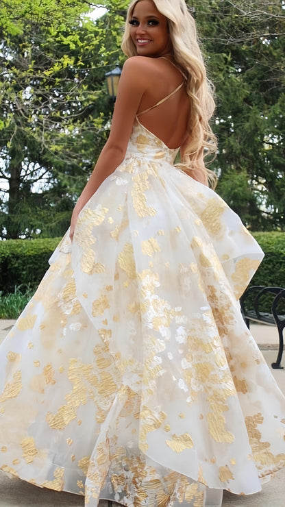 Luxury Gold Floral Ruffle Evening Prom Dress, AST1588