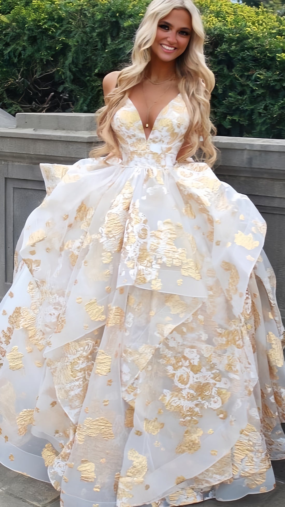Luxury Gold Floral Ruffle Evening Prom Dress, AST1588 – Asteria