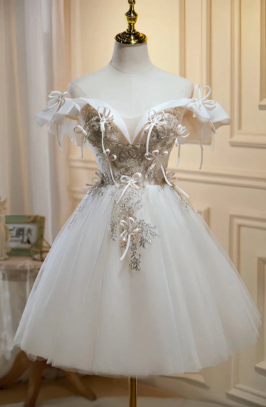 Luxury Ivory Beaded Homecoming Dresses A-line Tulle Mini Party Dress, AST2046