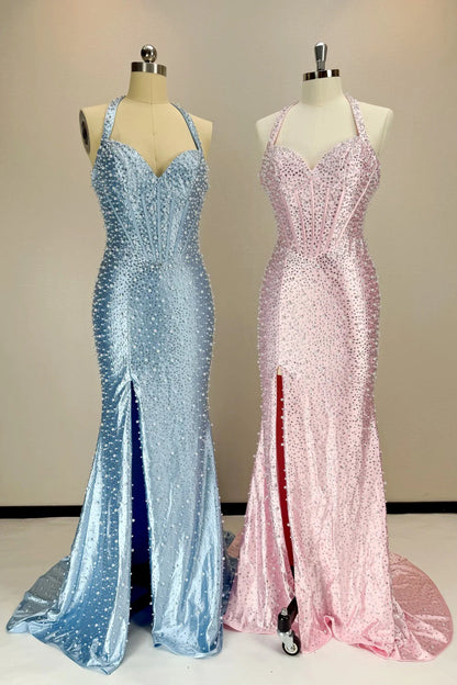 Luxury Pearl Beaded Mermaid Prom Dresses Satin Long Formal Dress With Slit,AST2298