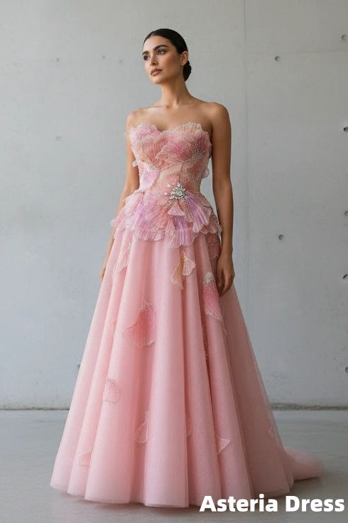 Luxury Pink 3D Floral Beaded Ball Gown Evening Dress