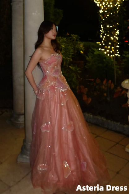 Luxury Pink 3D Floral Beaded Ball Gown Evening Dress
