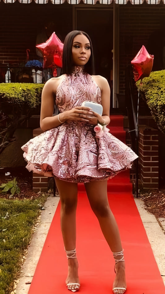 Luxury Pink A-line Homecoming Dresses Backless Party Dress, AST2048
