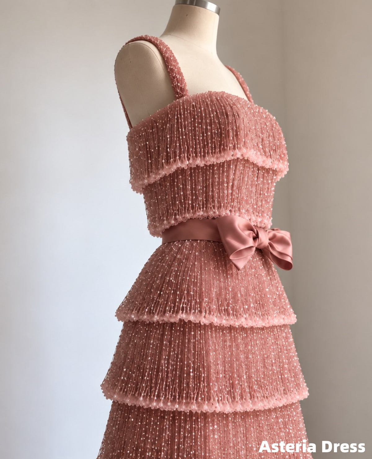 Luxury Pink Beaded Tassels Ruffle Prom Dress, Long Party Dresses