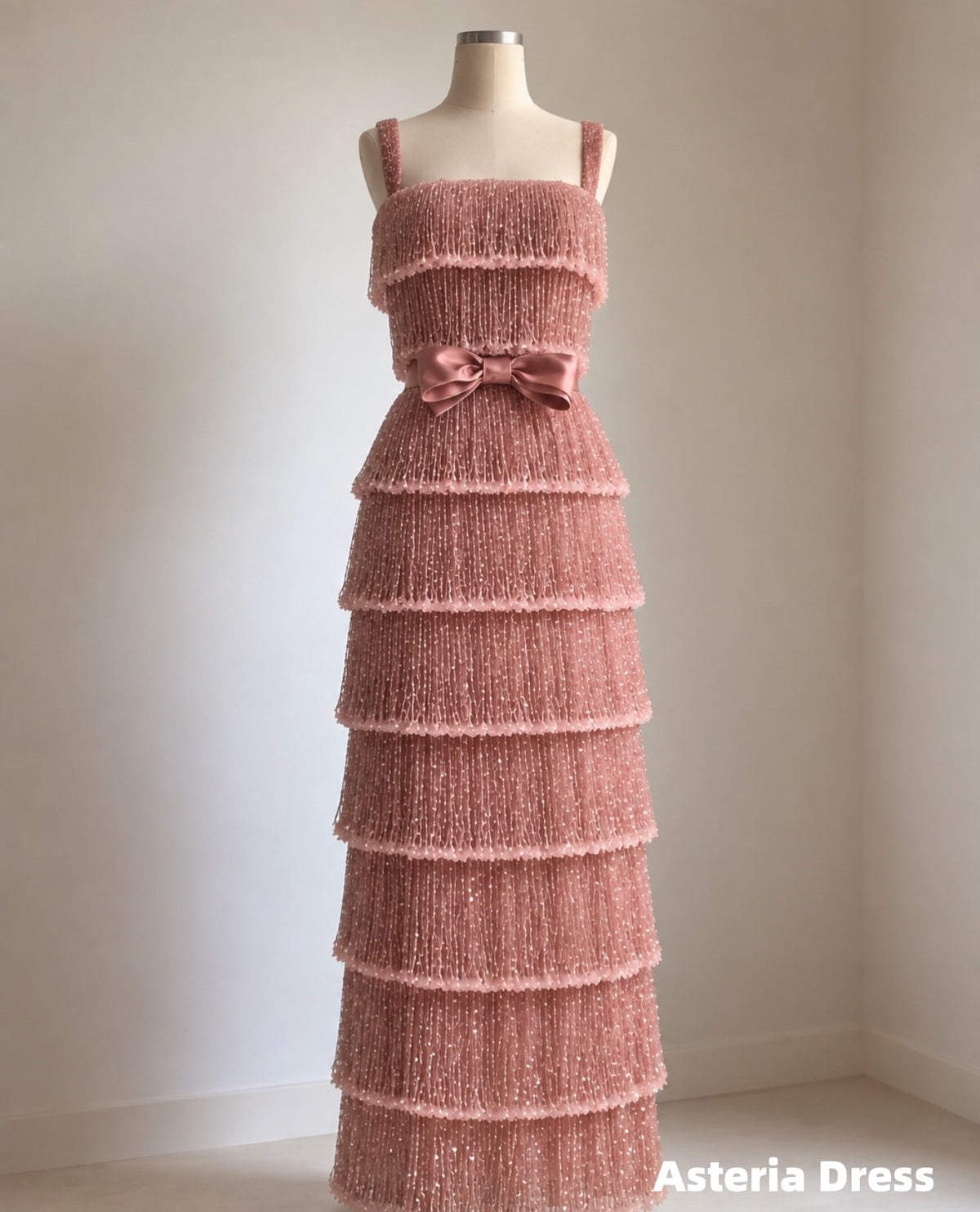 Luxury Pink Beaded Tassels Ruffle Prom Dress, Long Party Dresses