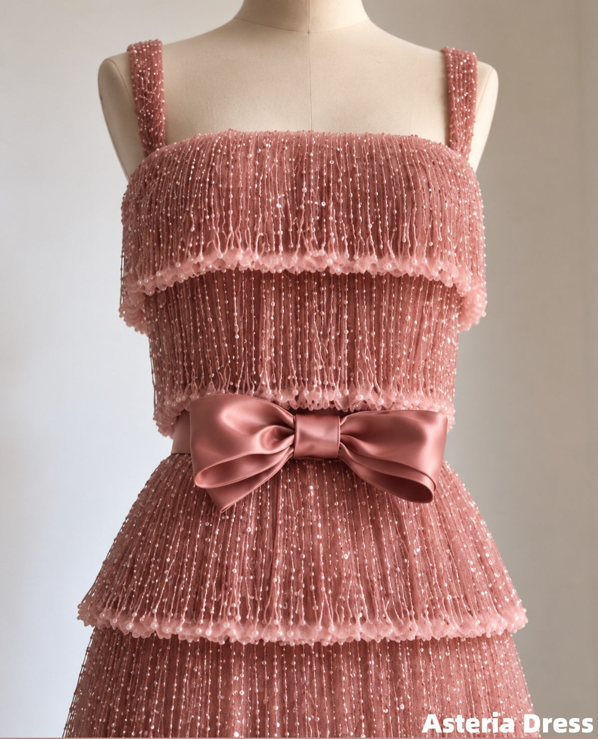 Luxury Pink Beaded Tassels Ruffle Prom Dress, Long Party Dresses