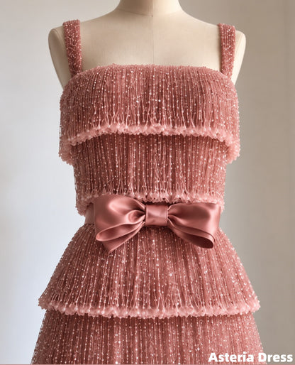 Luxury Pink Beaded Tassels Ruffle Prom Dress, Long Party Dresses