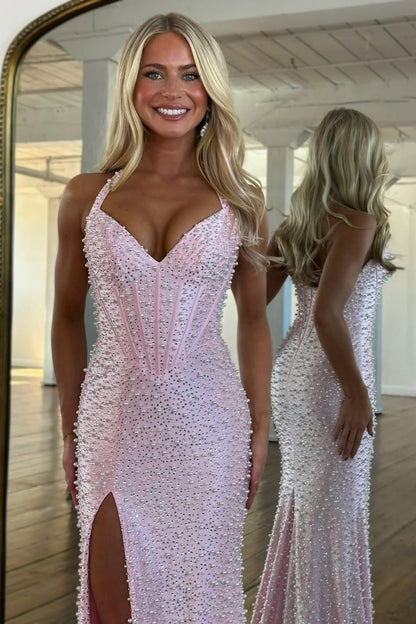 Luxury Pink Pearl Beaded Halter Mermaid Prom Dress with Corset and Slit