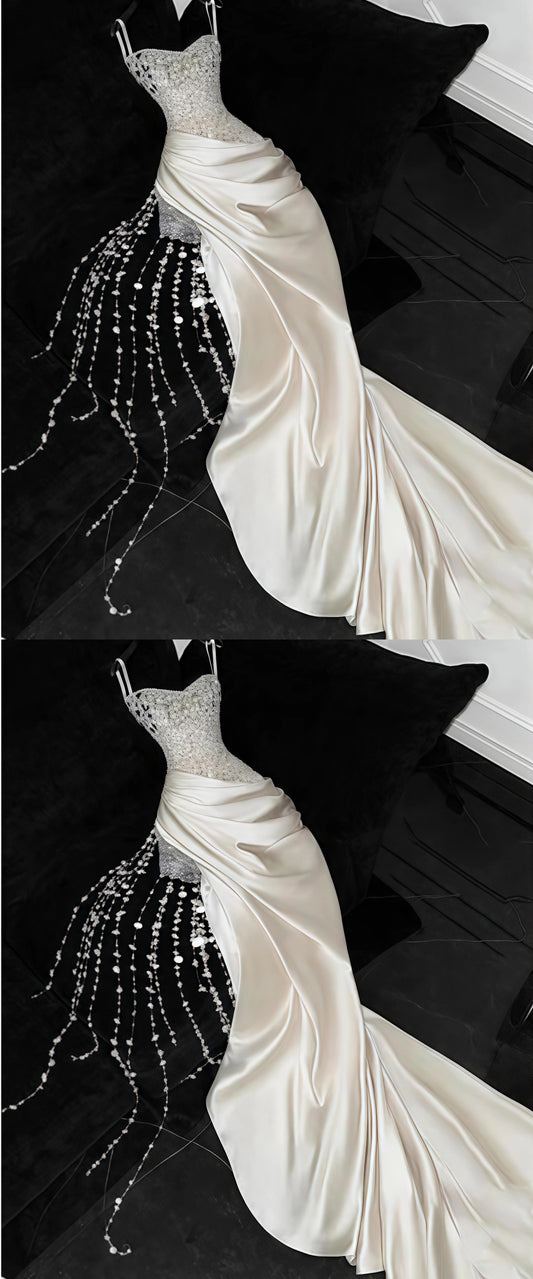 Luxury White Mermaid Party Dresses, Beaded Sleeveless Prom Dress,AST1857