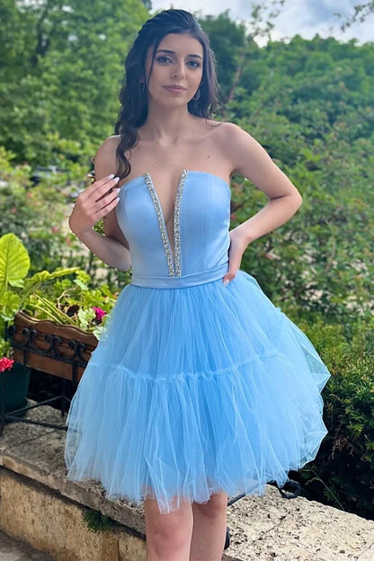 Light Blue Strapless Lace-Up A-Line Homecoming Dress,AST1201