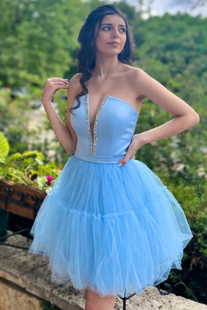 Light Blue Strapless Lace-Up A-Line Homecoming Dress,AST1201