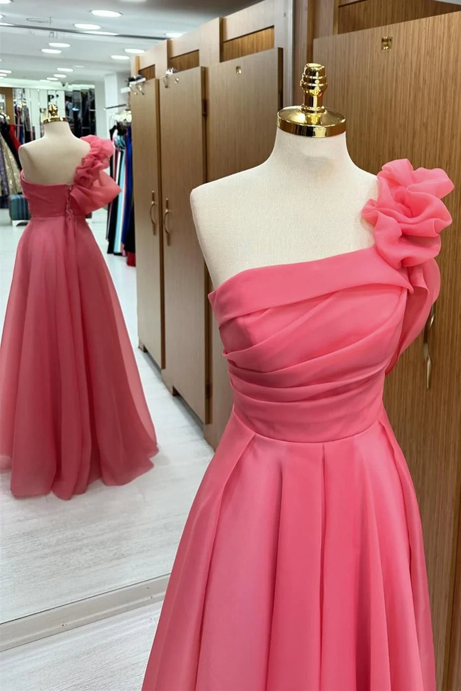 Pink One-Shoulder Ruffle Long Prom Dress,AST1253