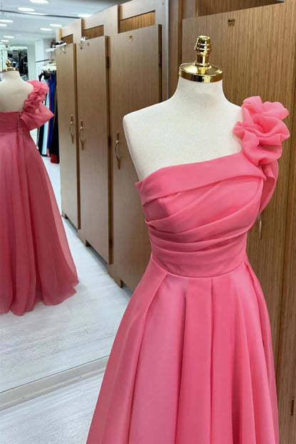 Pink One-Shoulder Ruffle Long Prom Dress,AST1253