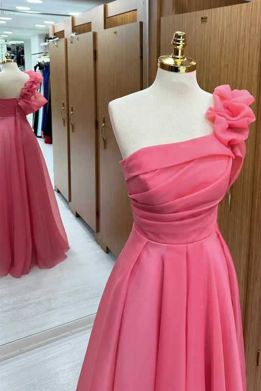 Pink One-Shoulder Ruffle Long Prom Dress,AST1253