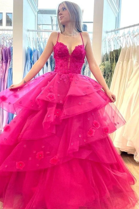 Spaghetti Straps V-Neck Layered Appliques Sleeveless Ball Gown